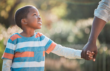 Poster - Parent, child and holding hands outdoor for guide, protection and love for security. Kid, boy and person together in nature for support, safety and family bonding for care or connection on holiday