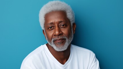 Wall Mural - A man with a white shirt and gray hair is smiling. He is looking at the camera. The image has a warm and friendly mood