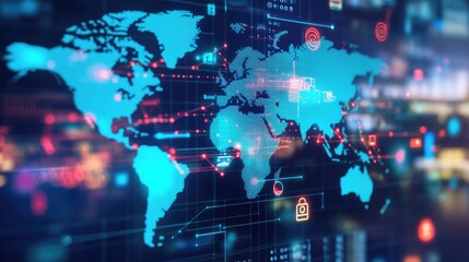 Poster - A close-up of a world map with digital communication icons and lines connecting different countries, illustrating global connectivity.