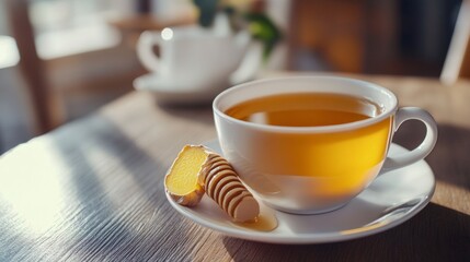 A cup of tea with a slice of lemon and honey on a white plate