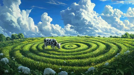 A cow grazing in the center of a crop circle, surrounded by lush green grass, with a blue sky and fluffy white clouds above