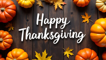 'Happy Thanksgiving' greeting text with colorful pumpkins, squash and leaves over dark wooden background