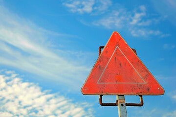 Rusty red warning triangle sign is standing under a blue sky with some clouds