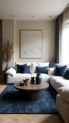 Poster - a wide view of modern and cozy living room with decorations on top of a light wood center table, dark blue sofas, big grey textured rug and wall in light grey color. cushions and a blanket in petrol