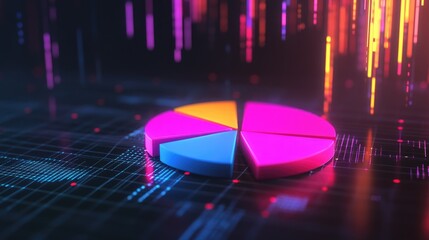Poster - A dynamic 3D pie chart with neon-colored segments, floating in a dark, digital space, symbolizing technological advancements in data visualization.