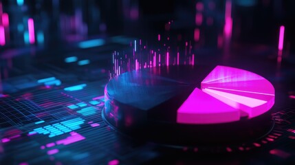 Poster - A dynamic 3D pie chart with neon-colored segments, floating in a dark, digital space, symbolizing technological advancements in data visualization.