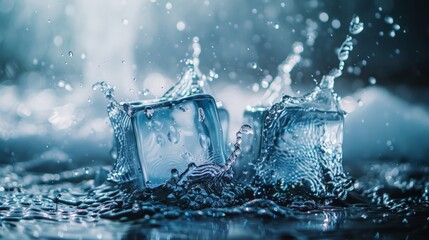 Blue water splash and ice cubes frozen motion 