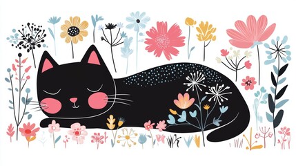 Cute black cats interact with bouquets flower pots and watering cans in this collection of floralthemed stickers. The cats are drawn in a minimalistic modern style with clean lines and flat colors.