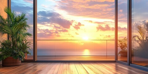 beautiful scene of home balcony view with luxury wooden floor on sunrise background 