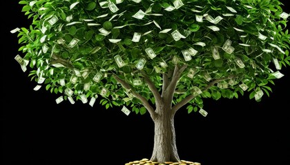 A lush green tree with dollar bills instead of leaves stands against a black background, symbolizing wealth, growth, and financial prosperity. The image evokes concepts of investment, success, and the