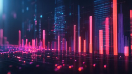 Poster - A glowing 3D bar graph on a dark background, with illuminated bars showing sharp increases in business metrics or market performance.