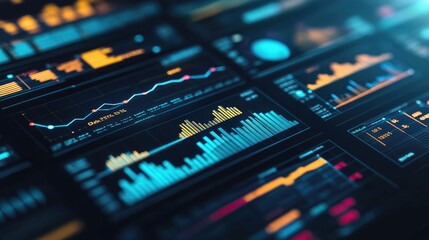 Poster - a high-resolution close-up of a business dashboard featuring multiple graphs and charts, representin