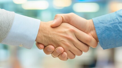 In an impressive corporate environment, a business partner shakes hands with his or her counterpart in a tight embrace symbolizing successful negotiations and trust with mutual respect and success