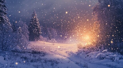 Poster - Snowy Forest Path with Glittering Lights and Falling Snow