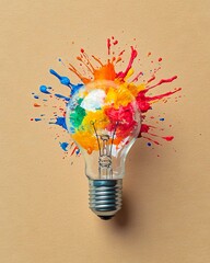 Wall Mural - A light bulb with colorful paint splatters coming out of it