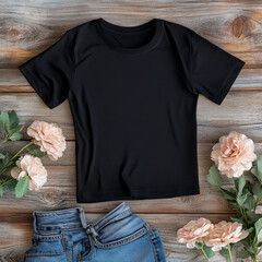 Black t-shirt mockup template with jeans