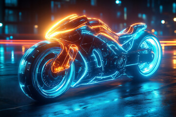 A futuristic motorbike illuminated by vibrant lights speeds through a neon cityscape at night, showcasing a blend of technology and art