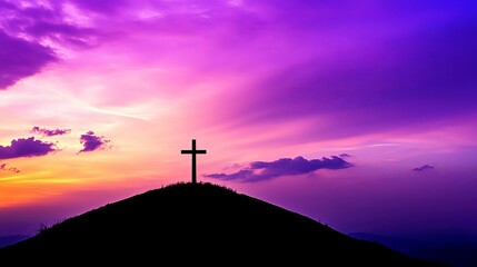 The picture depicts a serene sky filled with soft glowing light with a cross on a hillside symbolizing love, faith, and salvation. Jesus Christ is depicted in the foreground with open arms.