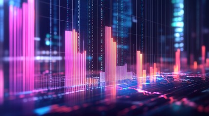 Poster - A modern 3D bar chart with glowing bars of varying heights, representing sales data and market trends in a high-tech environment.