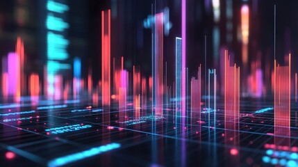 Poster - A modern 3D bar chart with glowing bars of varying heights, representing sales data and market trends in a high-tech environment.