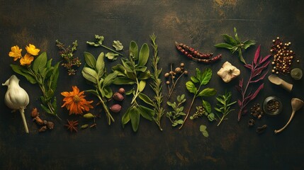 Wall Mural - Aromatic Herbs and Spices Arranged on a Dark Surface