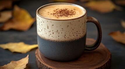 Wall Mural - A mug of coffee with brown spots on it sits on a wooden table