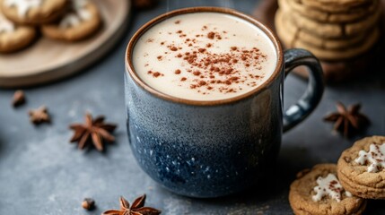 a mug of coffee with a sprinkle of cinnamon on top sits on a table next to a pla