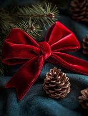 Canvas Print - Rustic and traditional Christmas wreath with pine cones, red berries, and a big red ribbon