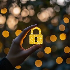 Wall Mural - The woman is touching a glowing yellow shopping bag icon on her finger surrounded by lines and digital symbols forming an online shopping network. The backdrop is an urban blur.