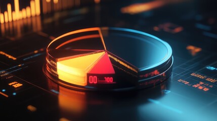 Fototapete - A sleek 3D pie chart with glowing segments, emphasizing market share analysis and financial data trends.