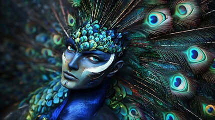 Wall Mural - Person in Peacock-Inspired Costume with Elaborate Feathers