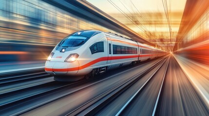Poster - A sleek high-speed train speeding along a modern rail track, with a blurred background showcasing its rapid movement and aerodynamic design.