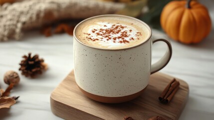 Canvas Print - A white coffee mug with a brown swirl pattern sits on a wooden tray