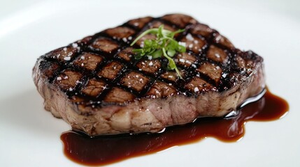 A succulent steak topped with a drizzle of balsamic glaze, with a clean white background highlighting the simplicity and elegance of the dish.