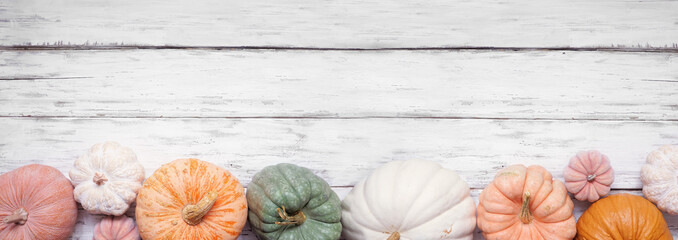 Poster - Autumn bottom border of pastel pumpkins of various sizes and colors over a rustic white wood banner background. Top view with copy space.