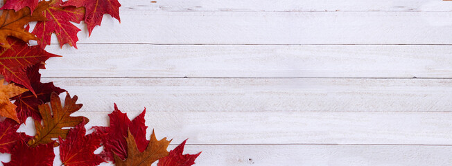 Poster - Colorful autumn leaves corner border over a white wood banner background. Top down view with copy space.