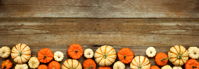 Poster - Fall bottom border of orange and white pumpkins over a rustic wood banner background. Top down view with copy space.