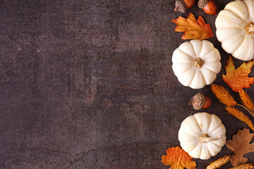 Poster - Fall side border of white pumpkins with muted orange and brown autumn decor. Top down view on a rustic dark stone background with copy space.