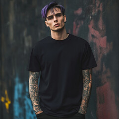 A mockup of a man in a black T-shirt in gothic look