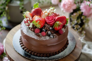 Sticker - Chocolate cake sitting on a wooden cake stand and decorated with fresh strawberries, blueberries, raspberries and flowers