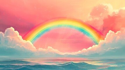 Wall Mural - Rainbow over the ocean with vibrant sunset