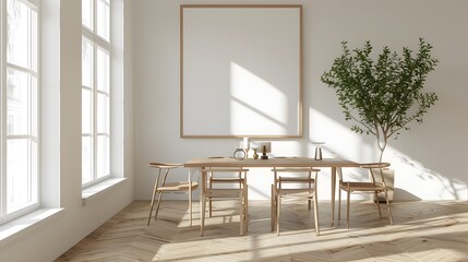 Wall Mural - Sunlit Minimalist Dining Room with Wooden Furnishings and Potted Plant