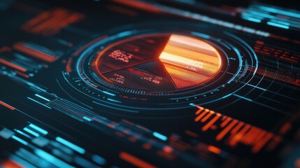 Poster - Close-up of a 3D pie chart on a digital screen showing financial statistics, with segments highlighted and a futuristic interface