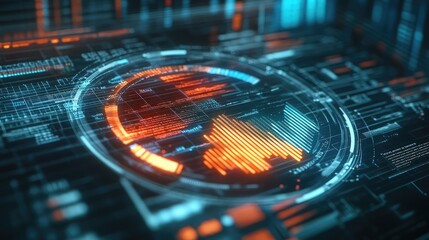 Poster - Close-up of a 3D pie chart on a digital screen showing financial statistics, with segments highlighted and a futuristic interface
