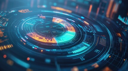 Close-up of a 3D pie chart on a digital screen showing financial statistics, with segments highlighted and a futuristic interface