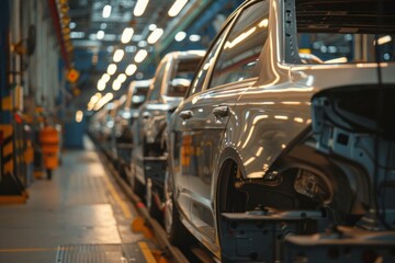 Poster - Long line of new cars are driving along the assembly line in a modern car factory