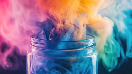 Poster - Close-up of swirling colored smoke in a glass jar, with vibrant hues blending together and creating a mesmerizing visual