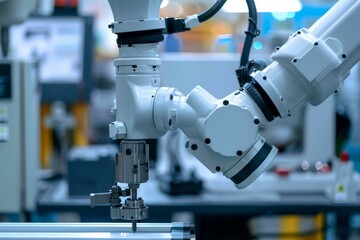 Poster - robotic arm is picking a metal part from a conveyor belt in a factory, showcasing automation in manu