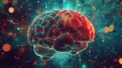 Poster - Creative visualization of a human brain with abstract data and graphs overlaying it, representing cognitive analysis and brain research