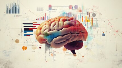 Creative visualization of a human brain with abstract data and graphs overlaying it, representing cognitive analysis and brain research